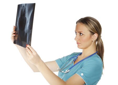 Female doctor checking xray image, isolated on white background. 