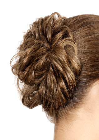 woman with braid hairdo, isolated on white background の写真素材