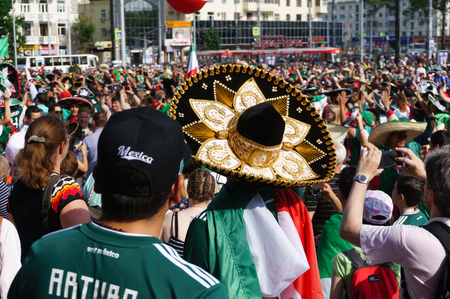 YEKATERINBURG, RUSSIA - June 27, 2018: FIFA World Cup 2018, Mexican football fans on the streets of Yekaterinburgのeditorial素材