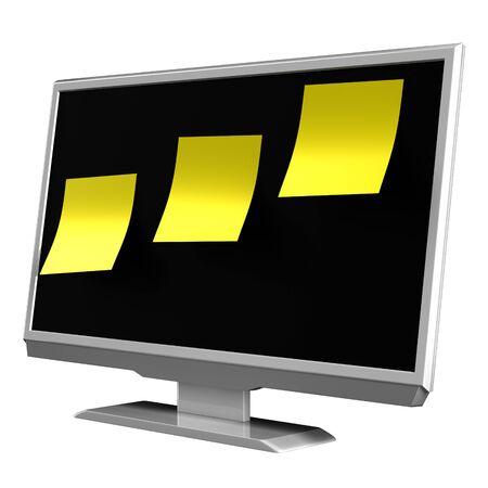 TV or PC monitor with big yellow sticky notes on the screen, isolated on white background. 3D renderingの写真素材