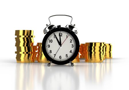 alarm clock and stacks of golden coins. White background. Time is money concept. 3D renderingの写真素材