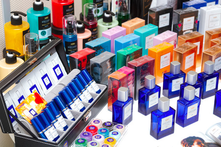 Closeup shot of packages of cosmetics on a tableのeditorial素材