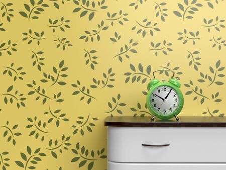 Green alarm clock on a chest of drawers. 3D rendering