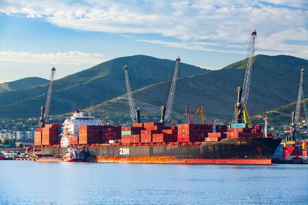 Novorossiysk/Russia July 24, 2018: Container ship ZIM Haifa in a port of Novorossiysk, Russia
