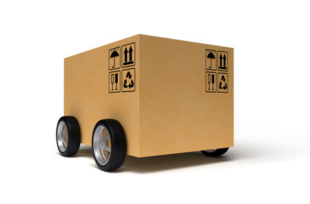 Cardboard box on wheels isolated on white background. 3D renderingの写真素材