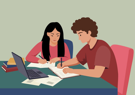 Two students studying at the table. Vector illustration in flat style.のイラスト素材
