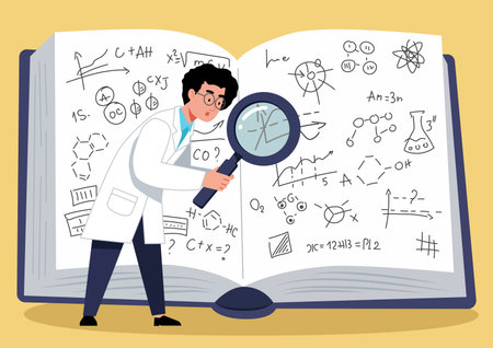 Scientist with a magnifying glass. Vector illustration in cartoon style.のイラスト素材