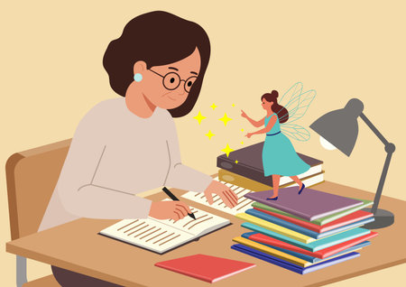 Illustration of a woman doing her homework at home. Vector illustrationのイラスト素材