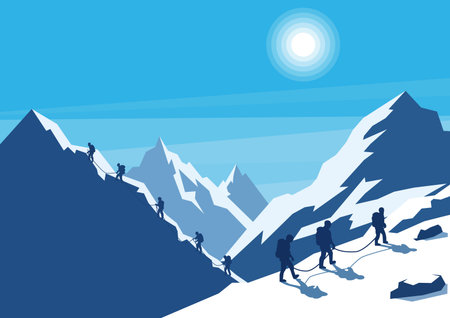 Silhouettes of mountaineers in the mountains. Vector illustrationのイラスト素材