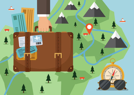 Vector illustration of a man with a suitcase on the background of mountains and a map.のイラスト素材