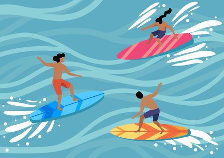 Surfers on the water. Vector illustration in flat style.のイラスト素材