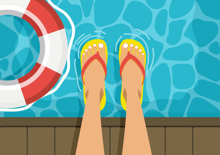 Lifebuoy and feet in the swimming pool. Vector illustration.のイラスト素材