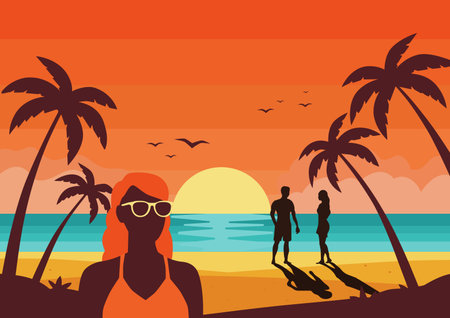 woman with swimsuit on the beach at sunset vector illustration eps 10のイラスト素材