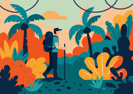 Man with backpack and binoculars standing in the jungle. Flat vector illustration.のイラスト素材