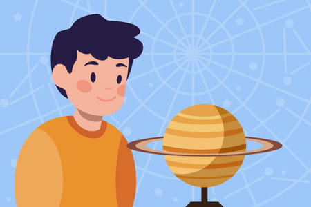 boy with planet solar system and wheel to space exploration, vector illustrationのイラスト素材