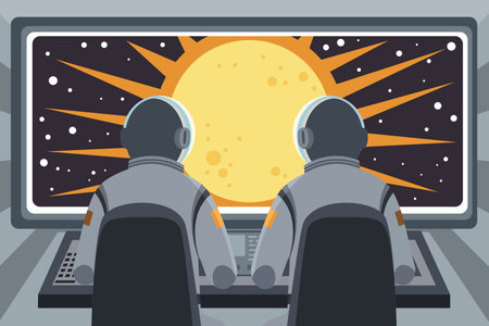 Astronaut sitting in front of a computer monitor. Vector illustrationのイラスト素材