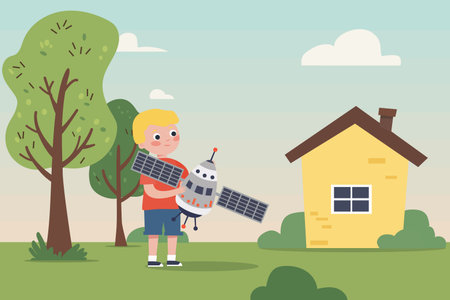 Boy with toy space station in the garden. Vector illustration in flat styleのイラスト素材