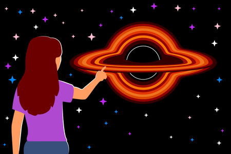 Illustration of a girl watching the black hole in outer space.のイラスト素材
