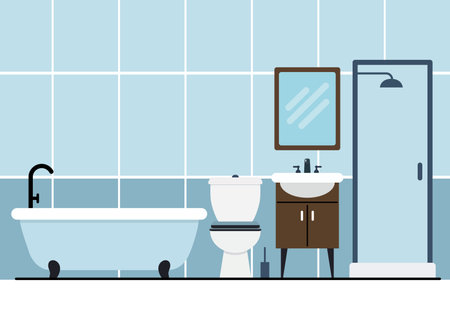 Bathroom interior vector illustration in flat style. Bathroom with sink, mirror and toilet.のイラスト素材