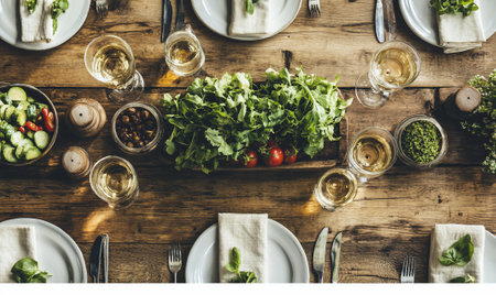 A beautifully arranged dining table with fresh salads and drinks.の素材