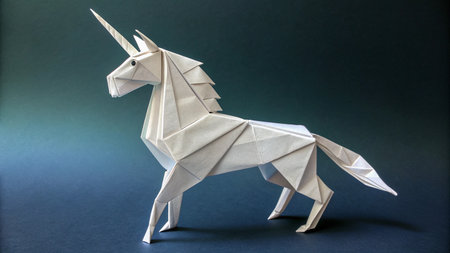 Paper origami unicorn isolated on dark background. Origami unicorn.の素材