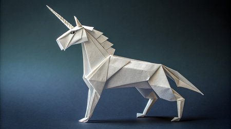 Paper origami unicorn isolated on dark background, 3d illustration.の素材