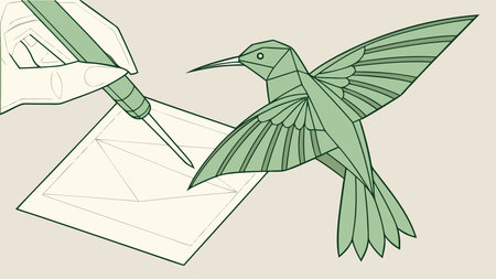 Hummingbird flying in a mail envelope. Hummingbird vector illustration.の素材