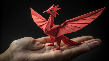 Paper origami bird in hand on a dark background, close upの素材