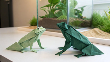 Paper origami frog on a white table in a room with plantsの素材