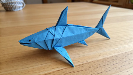 Paper origami shark on a wooden table. Origami fish.の素材