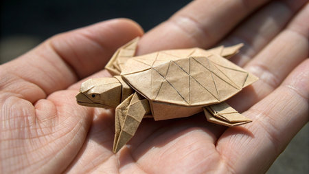 turtle origami in the palm of your hand on a dark backgroundの素材