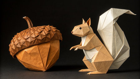 Squirrel and pumpkin in origami style on a black background.の素材
