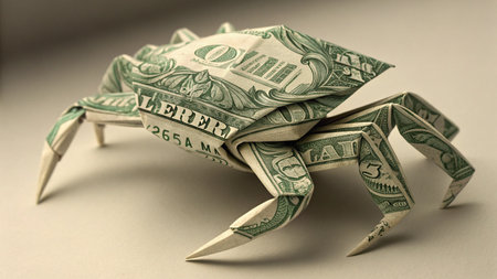 crab origami made of dollar banknotes on a gray backgroundの素材