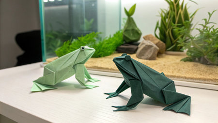 Paper origami frog on white table in green room, stock photoの素材