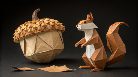 Autumn origami squirrel and acorn with leaves on black backgroundの素材