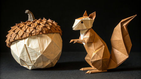 Two origami squirrels sitting on acorn on black background.の素材