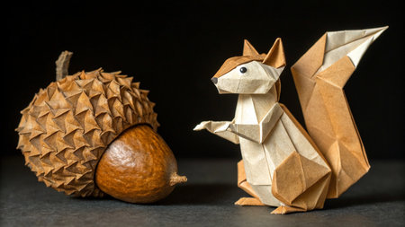 Wooden squirrel and acorn on black background with copy space.の素材