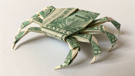 Crab origami from dollar banknotes on a white background.の素材
