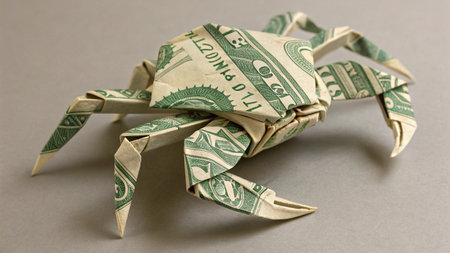 crab origami from dollar banknotes on a gray background.の素材