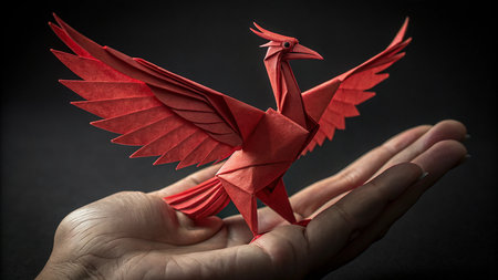 Red origami bird in hand on black background. Bird origamiの素材