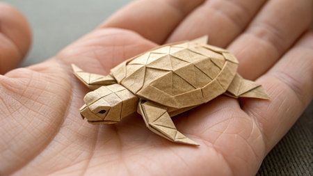 Paper craft turtle in the palm of your hand on a gray backgroundの素材