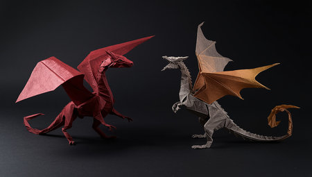 Paper origami dragons isolated on black background. 3d illustration.の素材