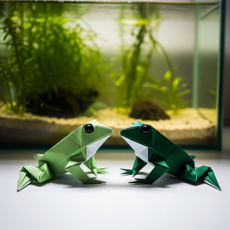 Frog origami in a glass aquarium with green plants on a white backgroundの素材