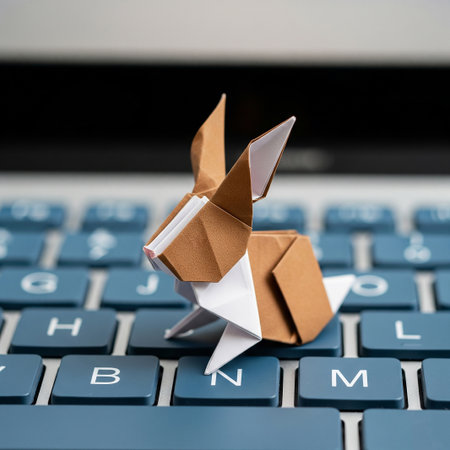 Origami paper rabbit on a computer keyboard. Conceptual image for e-commerce and online shoppingの素材