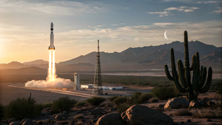 Rocket launch in the desert at sunset. United States of America.の素材