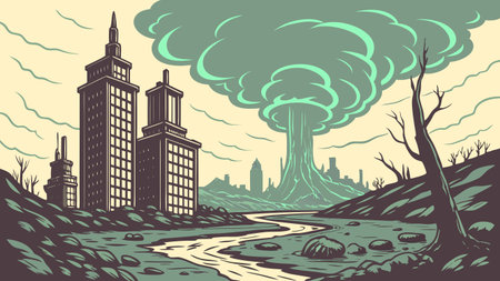 Illustration of a tornado in the city. Vector illustration in retro style.のイラスト素材
