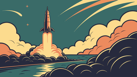 Rocket launch in the night sky. Vector illustration in retro style.