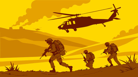 Military Soldiers with Helicopter in Battlefield Operation at Sunsetのイラスト素材