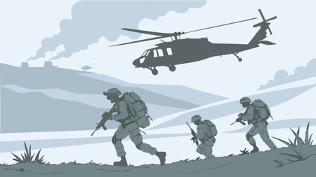 Military Soldiers with Helicopter in Combat Operation Landscapeのイラスト素材