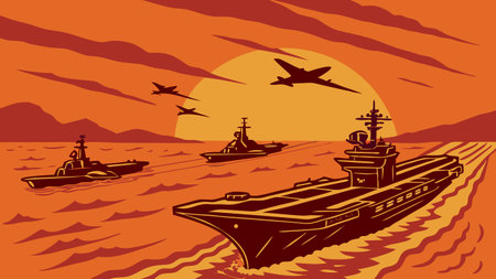 aircraft carrier on the background of the sunset. Vector illustration.のイラスト素材